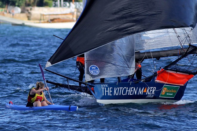 Closer view of skiff racing. © Frank Quealey /Australian 18 Footers League http://www.18footers.com.au